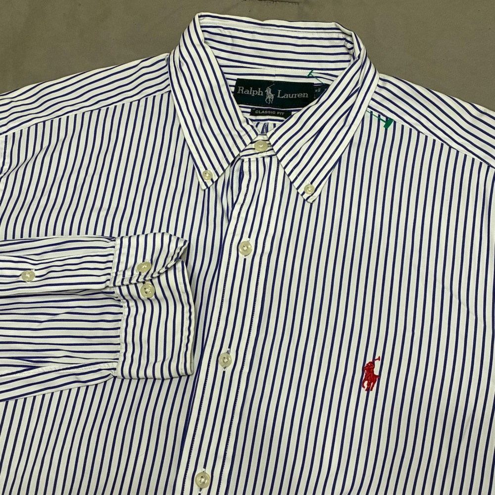 Ralph Lauren Classic Fit Mens 16 34/35 Blue White Striped Button Down Shirt